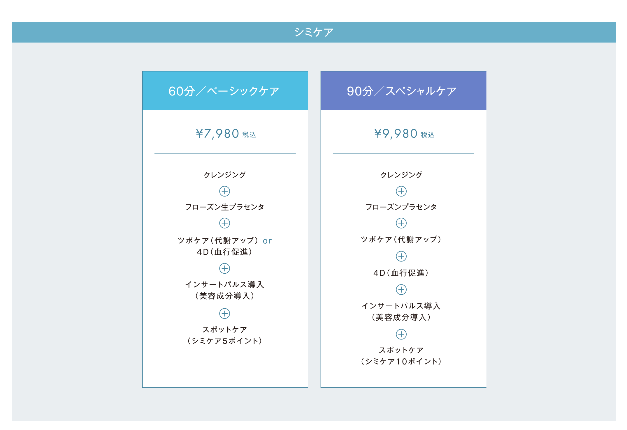 シミケア：60分／ベーシックケア・90分／スペシャルケア