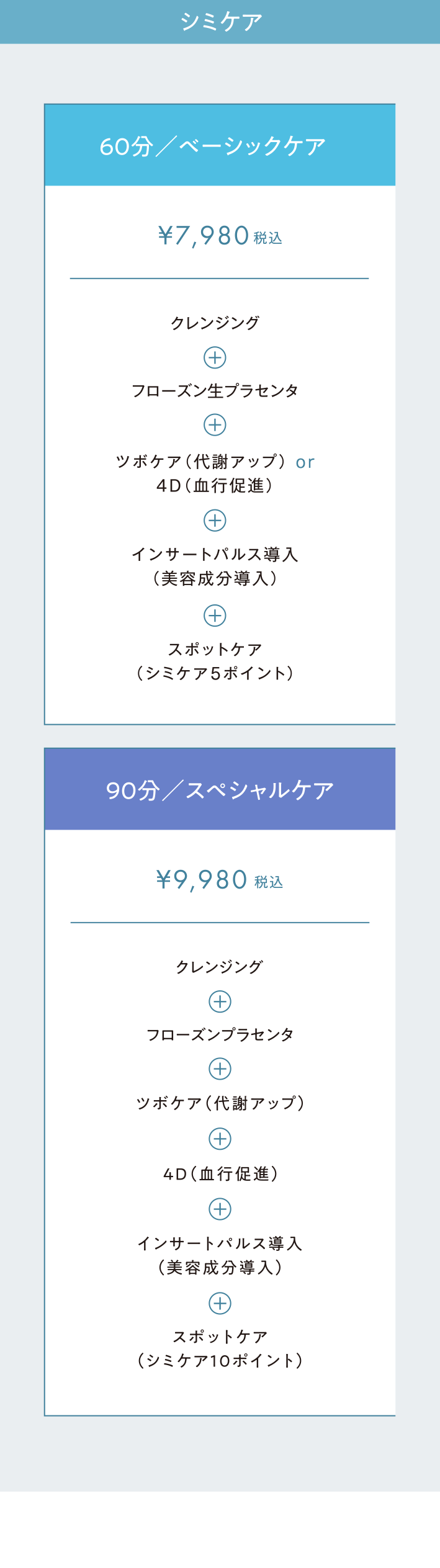 シミケア：60分／ベーシックケア・90分／スペシャルケア